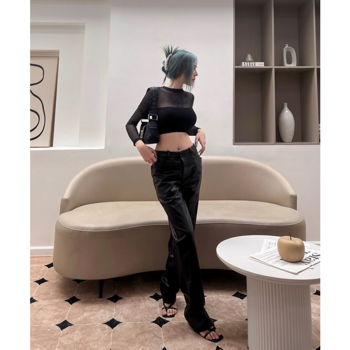 Áo croptop tay dài PINKSTORE29 chất thun lụa phối lưới kiểu cổ lọ dáng ôm body A5541