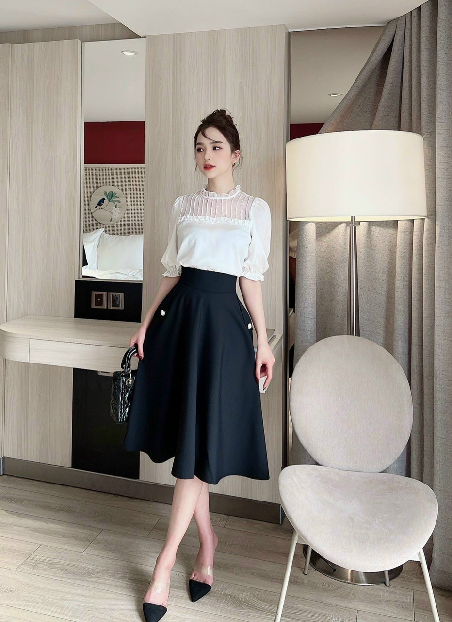 Chân váy dáng xòe tiểu thư dáng dài thời trang nữ