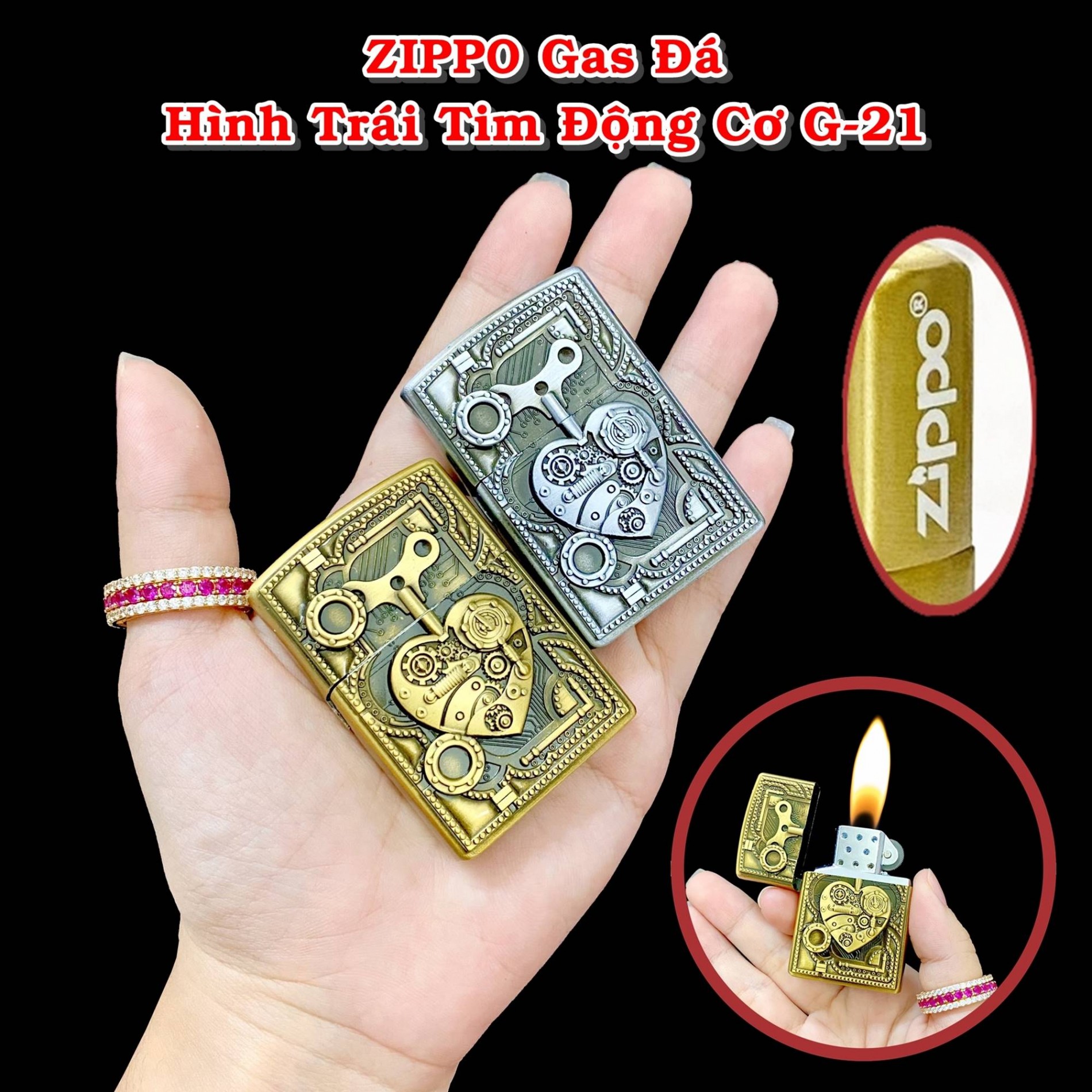 BẬT LỬA ZIPPO GAS ĐÁ HÌNH TRÁI TIM ĐỘNG CƠ G-21