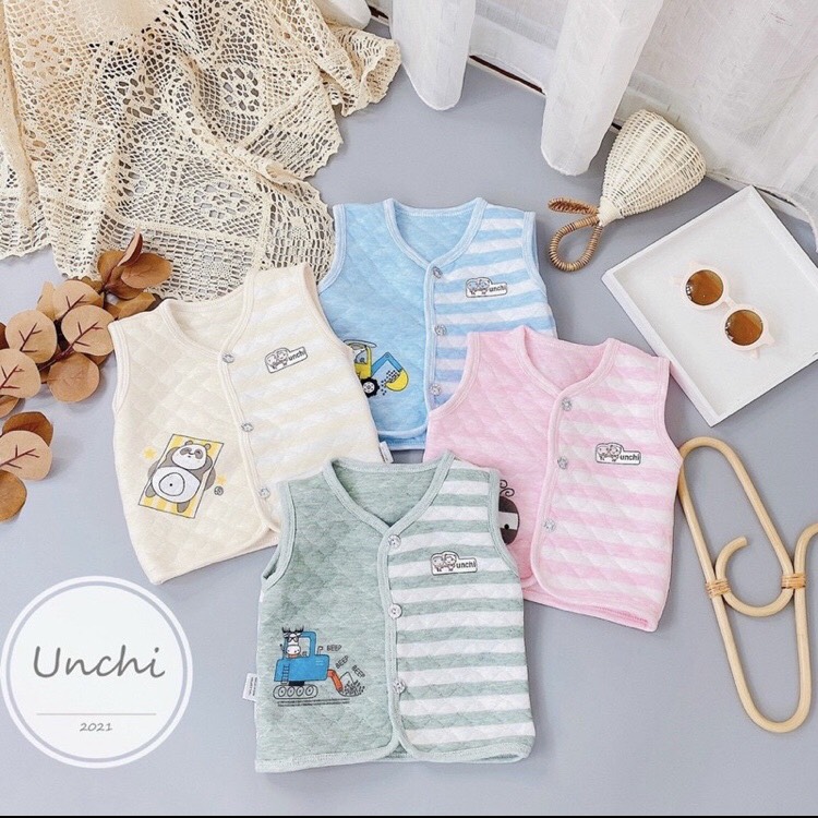 Áo Gilê Unchi xốp kẻ họa tiết hoạt hình - chất mềm mịn cho bé trai bé gái