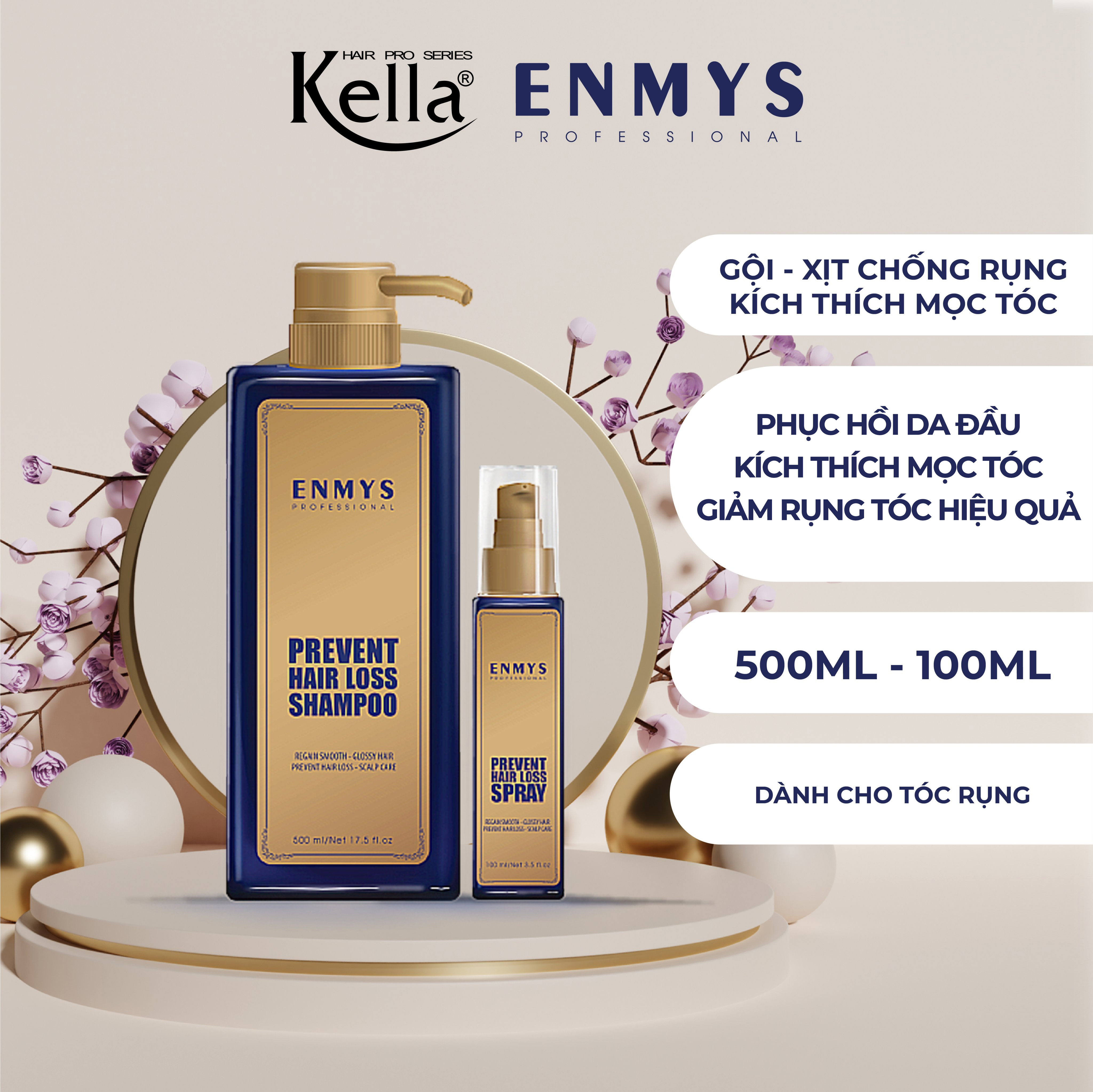 Combo dầu gội xịt tóc chống rụng tóc, kích thích mọc tóc Enmys (Chai 500ml/100ml)