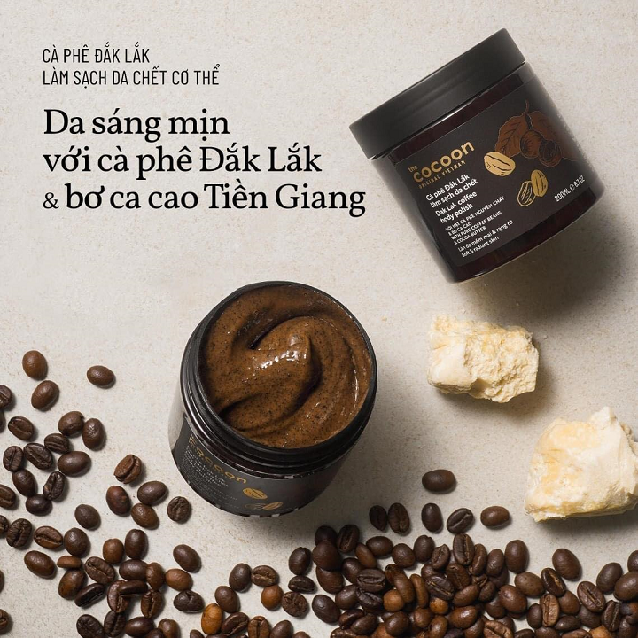 Tẩy da chết Cà Phê Đắk Lắk Cocoon 200ml dạng hũ loại bỏ tế bào chết hiệu quả, làm đều màu da
