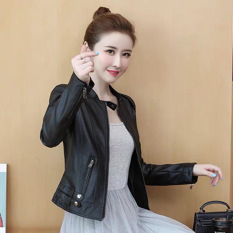 Áo khoac da nữ cổ tàu mẫu mới nhất màu đen không bong tróc 992