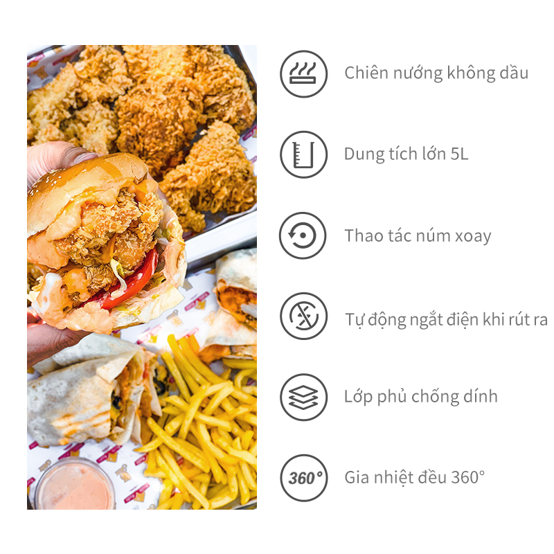 Nồi chiên không dầu Simplus 5L, dung tích lớn chiên nướng đa năng không dầu mỡ, nồi chiên tiện lợi kèm vỉ nướng - bảo hành một năm chỉ đổi không sửa KQZG004