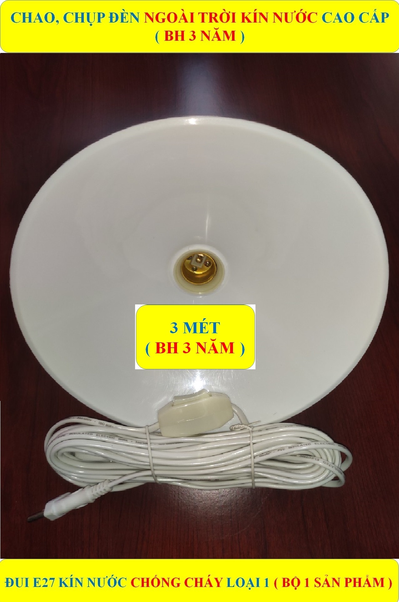 Bộ chao đèn, chóa đèn ngoài trời KÍN NƯỚC hình đĩa 25cm (BH 3 NĂM) cao cấp + Dây dài 3/5/10 mét + 1 công tắc (bộ 1 sản phẩm)