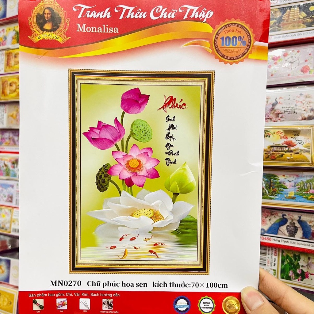 Tranh thêu mẫu mới chữ phúc hoa sen mn0270/thêu kín