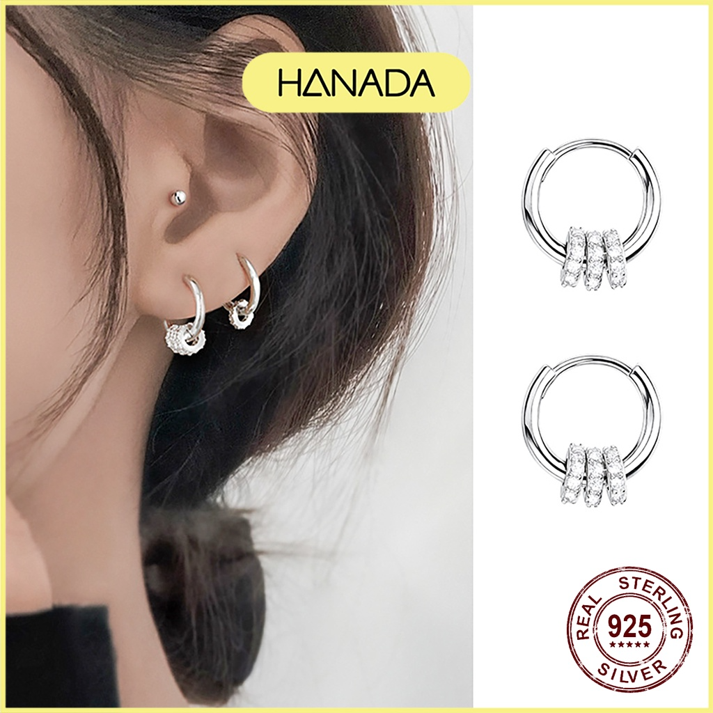 Bông tai bạc 925 hanada khoen tròn 3 đá 0622