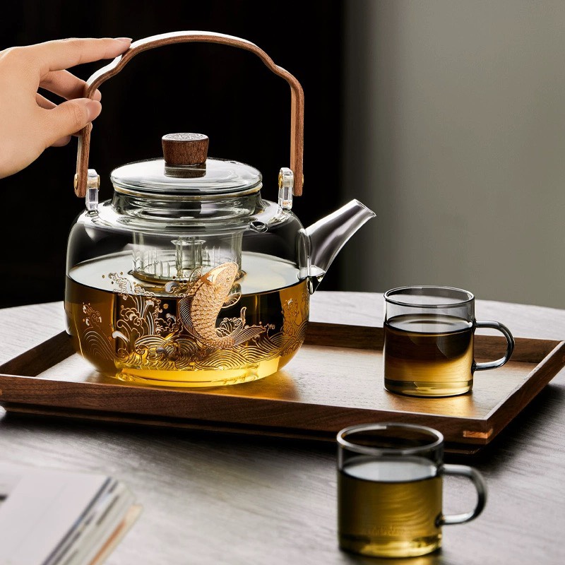 Ấm thủy tinh pha trà quai gỗ có lõi lọc thủy tinh 1000 ml