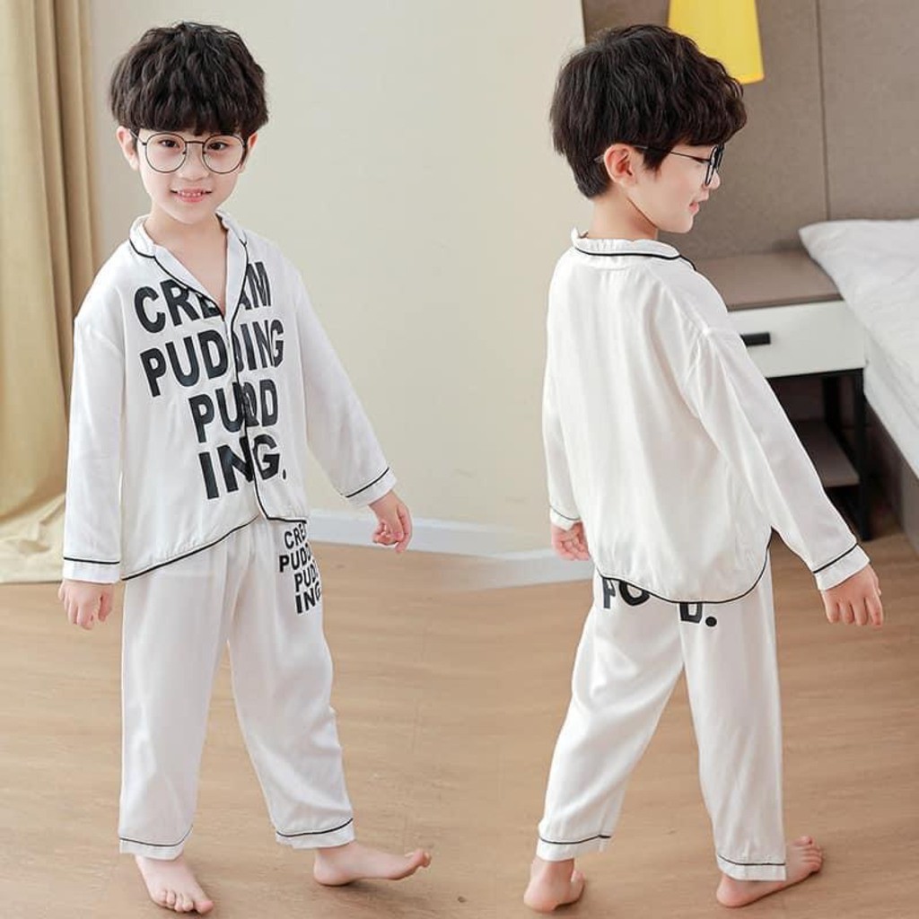 Đồ bộ quần áo ngủ Pijama cho bé trai bé gái kangmin-kids, Quần áo bé trai chất lụa dài in chữ cho bé từ 6 đến 28kg_PM09