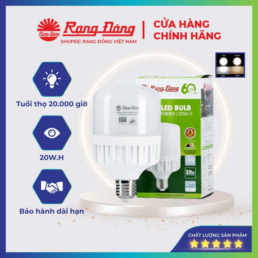 Đèn led bulb trụ tròn to 20w rạng đông, siêu sáng, tiết kiệm điện, model tr80n1/20w