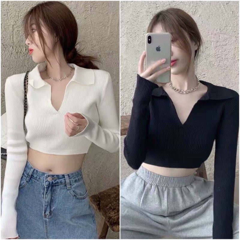 Áo Croptop Nữ Cổ Chữ V Tay Dài Hở Lưng Phối Dây Chất Thun Gân