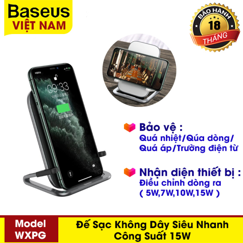 Đế sạc nhanh không dây có giá đỡ thương hiệu Baseus công suất 15W, sạc đứng, nằm ngang hoặc nằm cho Iphone 11 Pro X XS Samsung S10 S9 S8 -  Phân phối bởi Baseus Vietnam