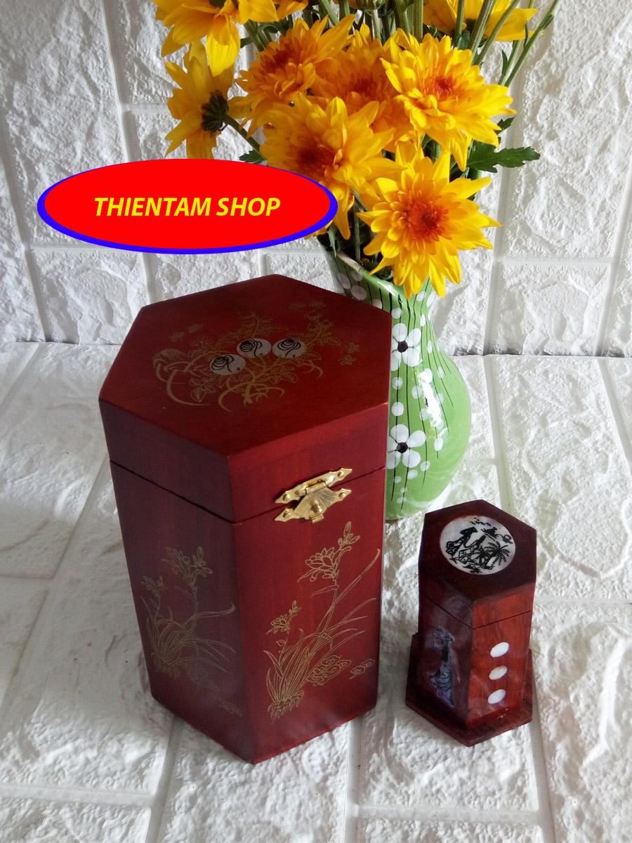 [HCM]Hộp đựng gói trà bằng gỗ hương loại trung cao 16cm kèm hũ tăm (CHT16)