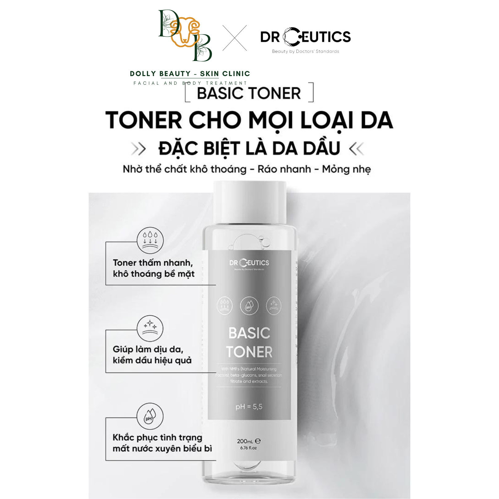 Dung dịch cân bằng độ pH BASIC TONER của DrCeutics - Chăm sóc da mặt - Nước hoa hồng và Xịt khoáng - pH 5.5 - 200ml - Chính hãng 100% - Cung cấp đầy đủ giấy tờ