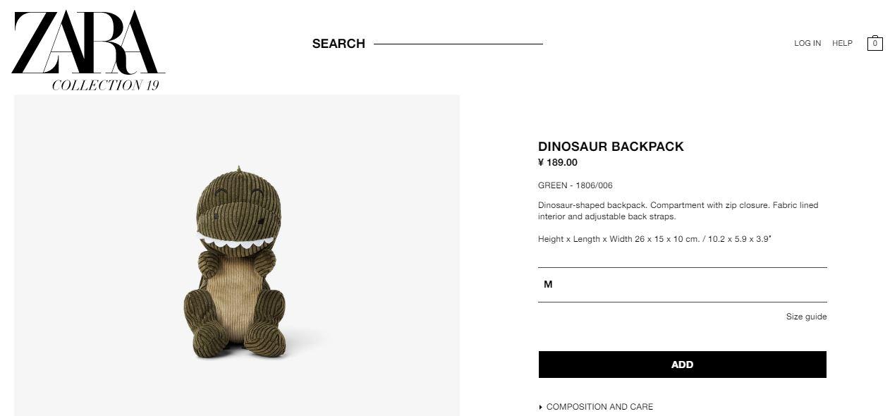 Balo Z.A.R.A DINOSAUR BACKPACK xuất dư