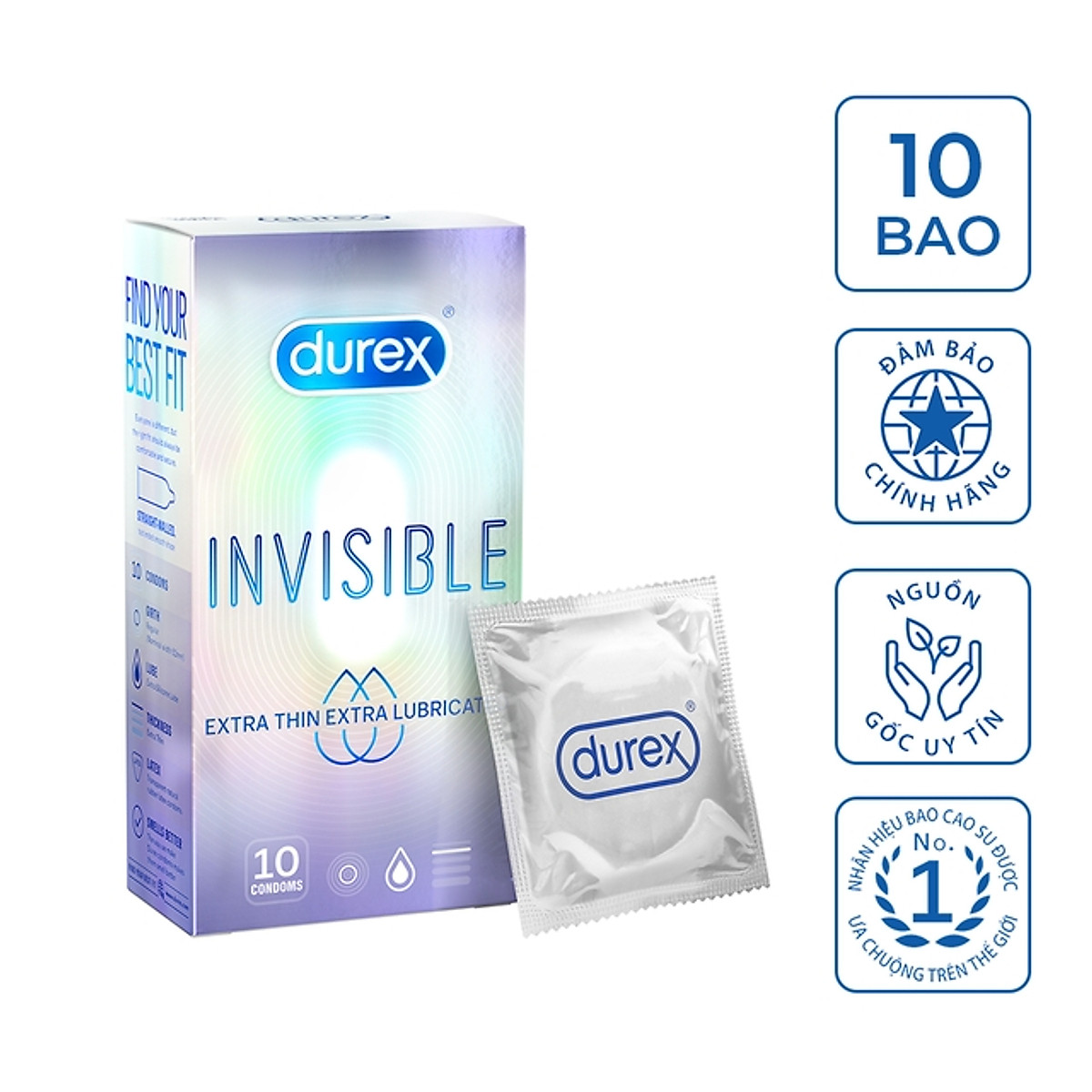 Bao Cao Su Durex Invisible Extra Lube (Trắng Tím) Hộp 10 Cái