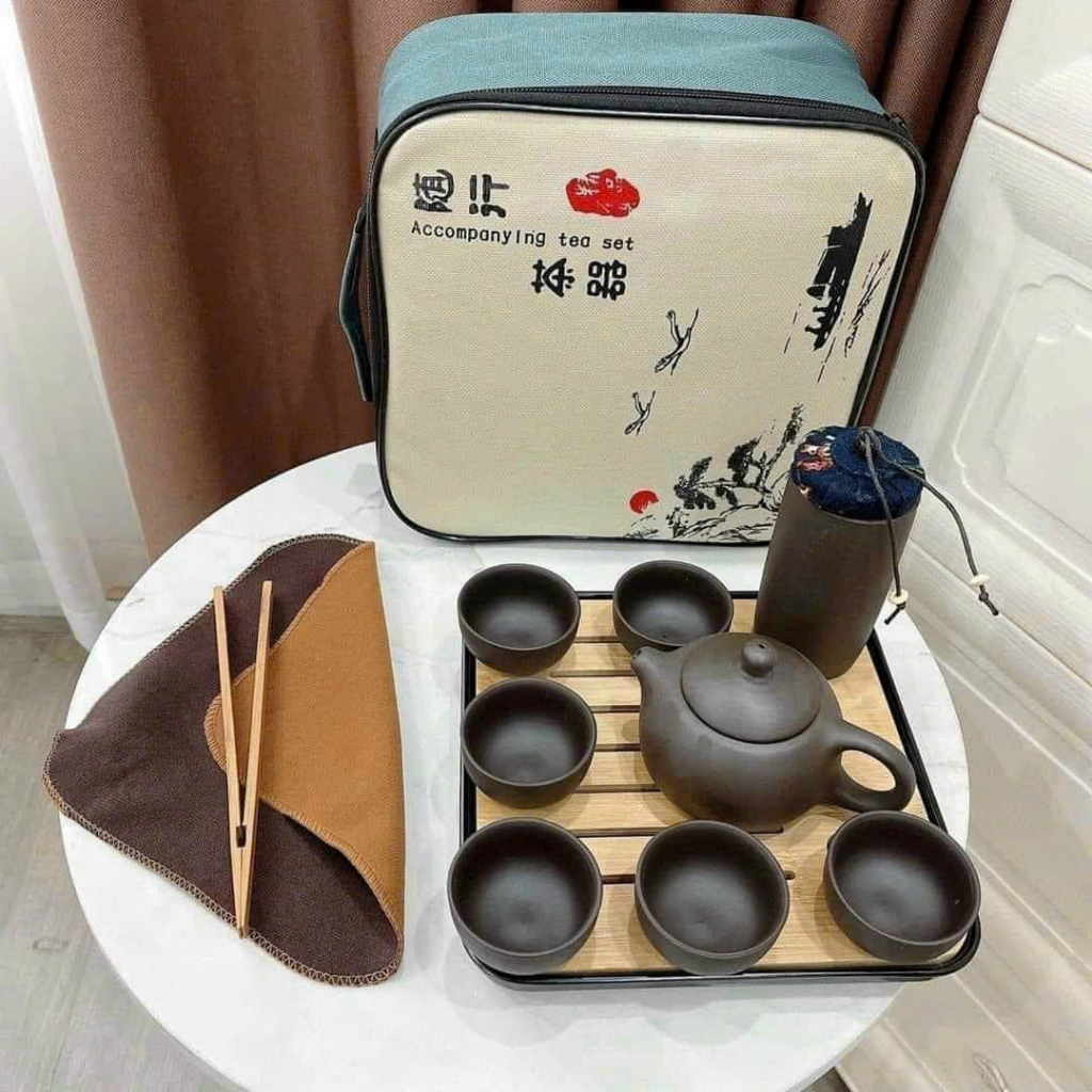 Bộ ấm chén pha trà du lịch gốm tử sa đầy đủ tiện ích, bộ ấm trà tử sa mini kèm túi đựng sang trọng