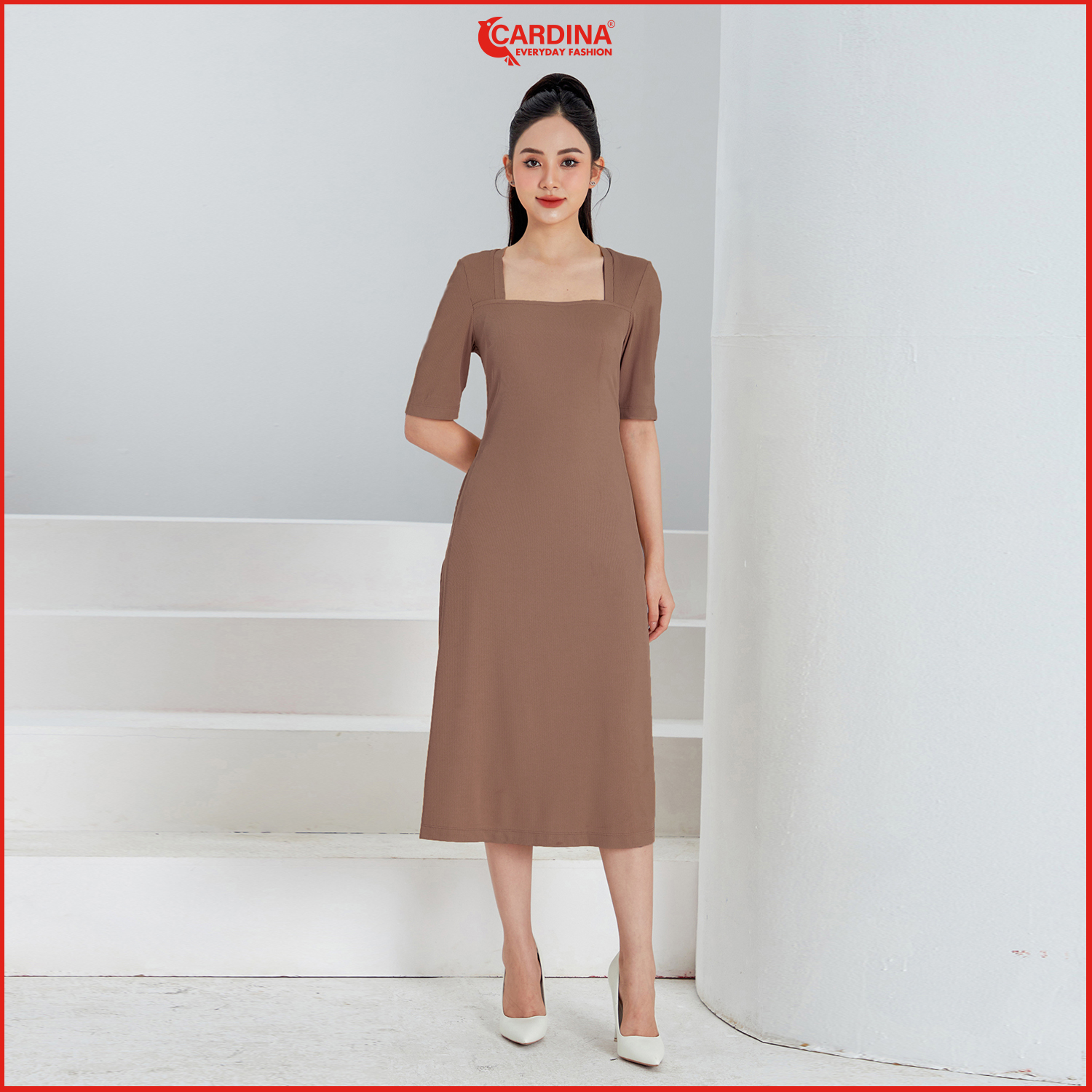 Đầm nữ cardina chất tăm lạnh cổ vuông tay lỡ dáng basic trẻ trung 3vad01