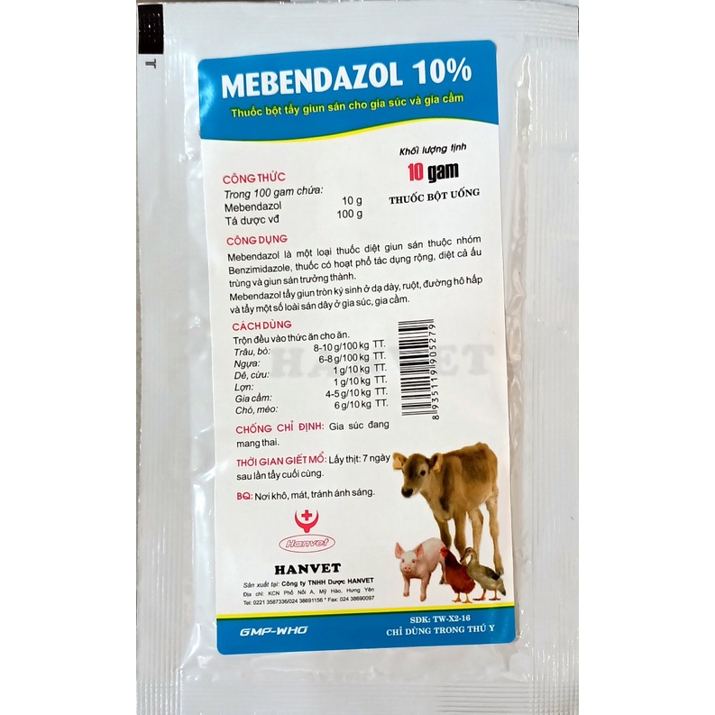 Gói menbendazol 10% hanvet sản xuất dùng cho vật nuôi