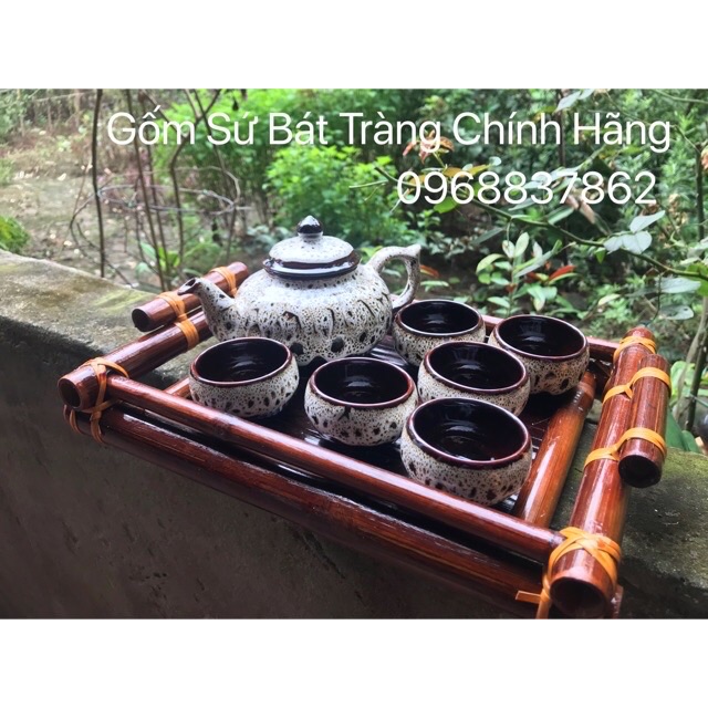 Bộ ấm chén hoả biến gấm nâu kèm khay
