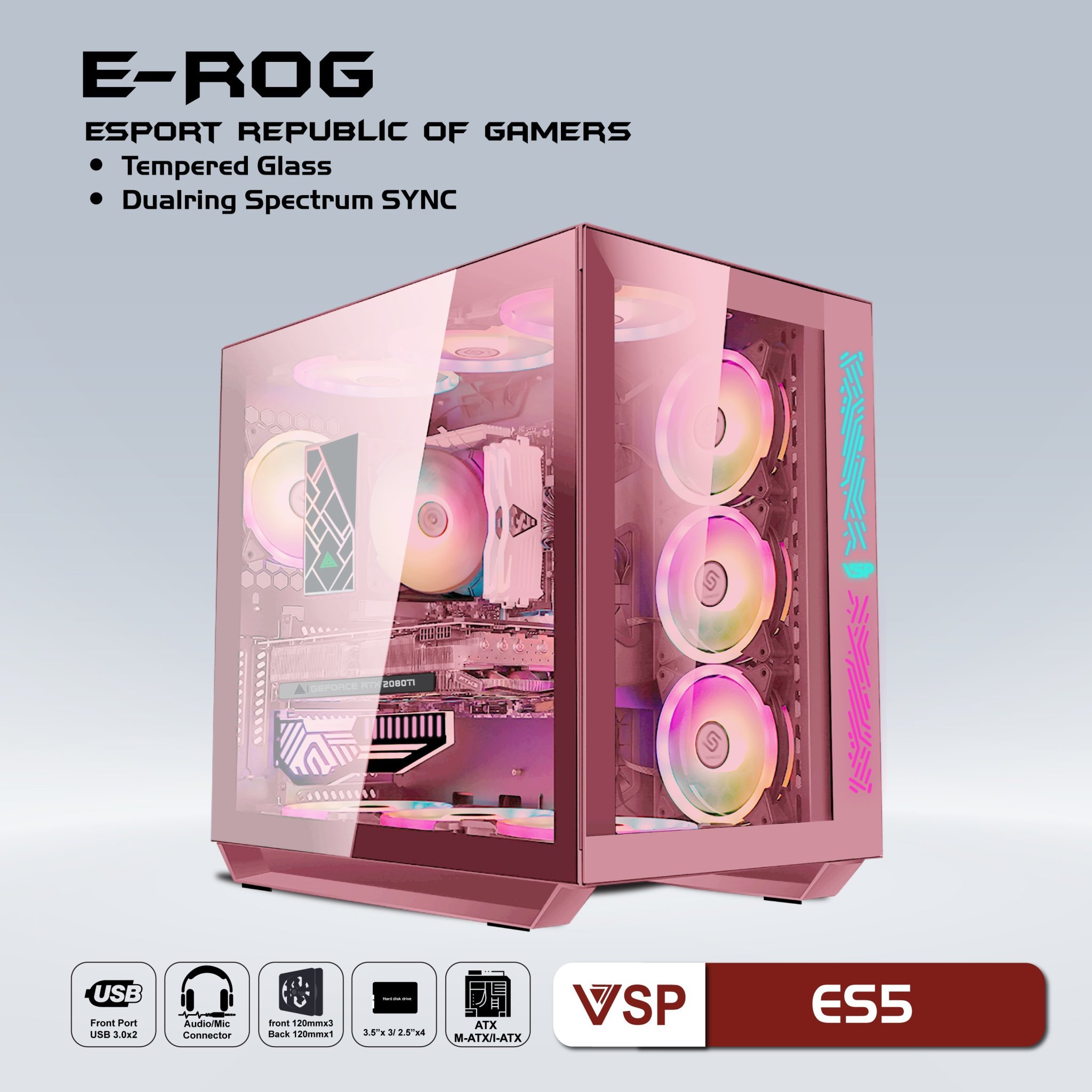 Vỏ máy tính Case VSP ES5 bể cá (ATX/MICRO-ATX/MINI-ATX)(TRẮNG/HỒNG/ĐEN)(KHÔNG FAN) Chính hãng