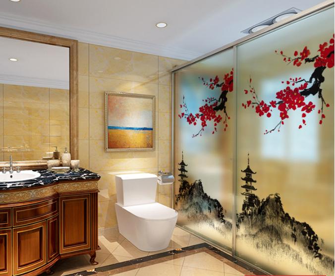 [HCM]Decal Dán Kính Cao Cấp - Tháp Núi và Cành đào đỏ( 60 X116 )-DK1057