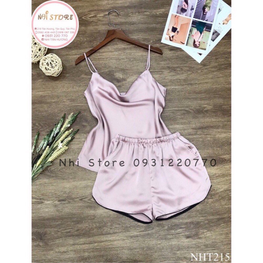 Set bộ mặc nhà áo hai dây cổ đổ quần ngắn lụa satin loại 1 size 45-60kg