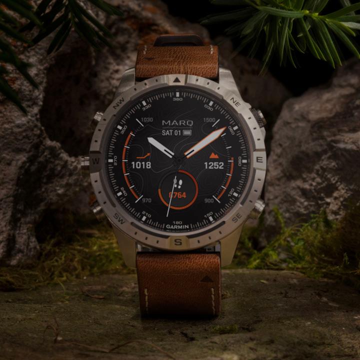 Garmin MARQ Adventurer Modern Tool Watch Titanium Bezel With Brown Leather Band