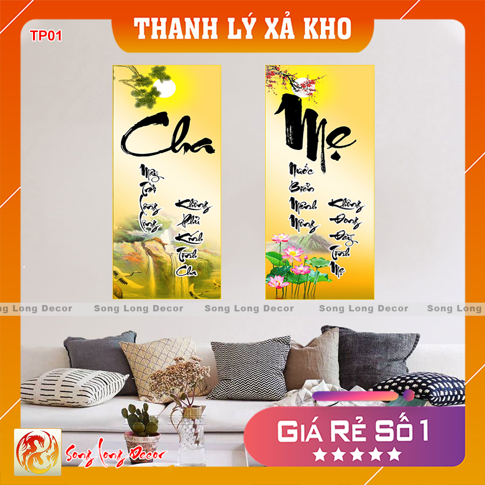 [THANH LÝ SẢ KHO] Bộ 2 Bức Tranh dán tường 3d - Tranh 3D Thư Pháp  - Tranh Cha Mẹ - Giấy dán tường 3d - Song Long Decor - TP1