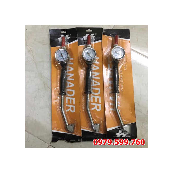 Tay bơm lốp cong, 2 đầu, có đồng hồ