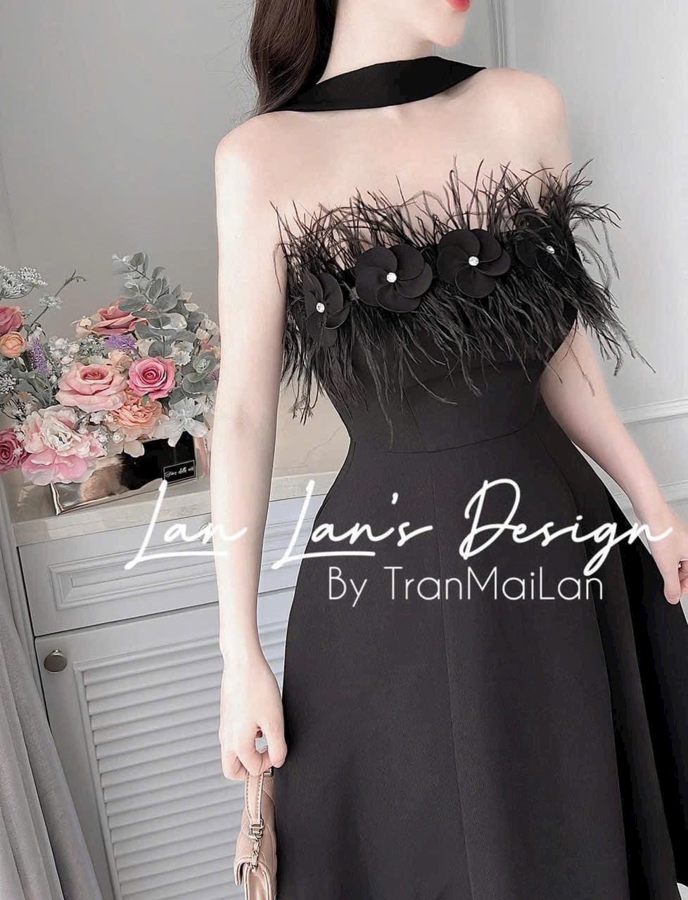 Đầm thiết kế tapta phối lông cup ngực sang chảnh, váy xòe bồng ôm eo cổ áo choker ôm eo tôn dáng
