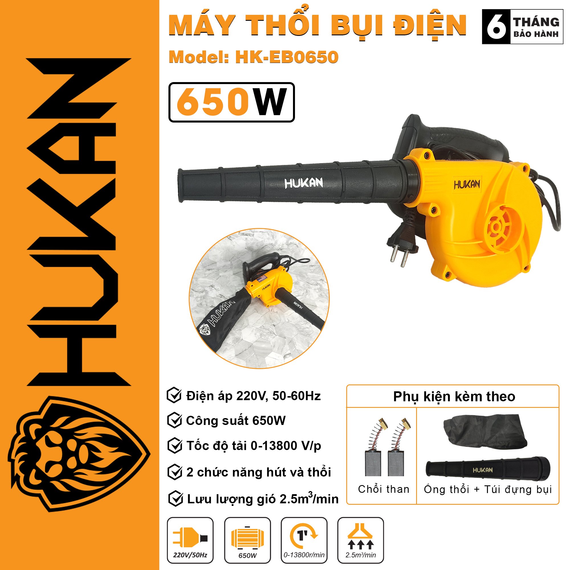 Máy thổi bụi chính hãng hukan hk-eb0650,máy thổi hút có điều chỉnh tốc độ, thổi hút mạnh, máy hút thổi bảo hành 6 tháng