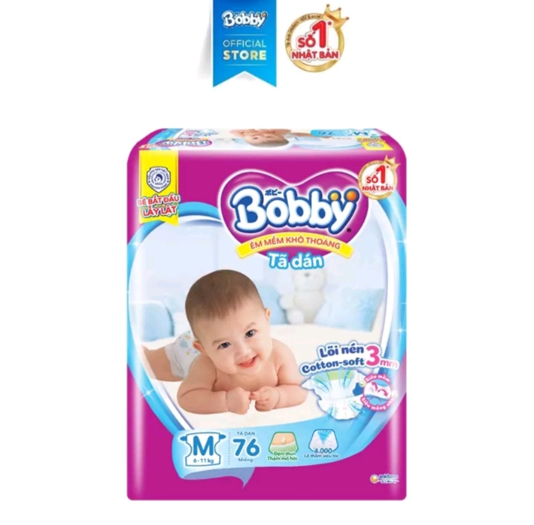 Tã dán Bobby size M 46 miếng hoặc M 76 miếng (6 - 11 kg), L 68 miếng (9-14kg)