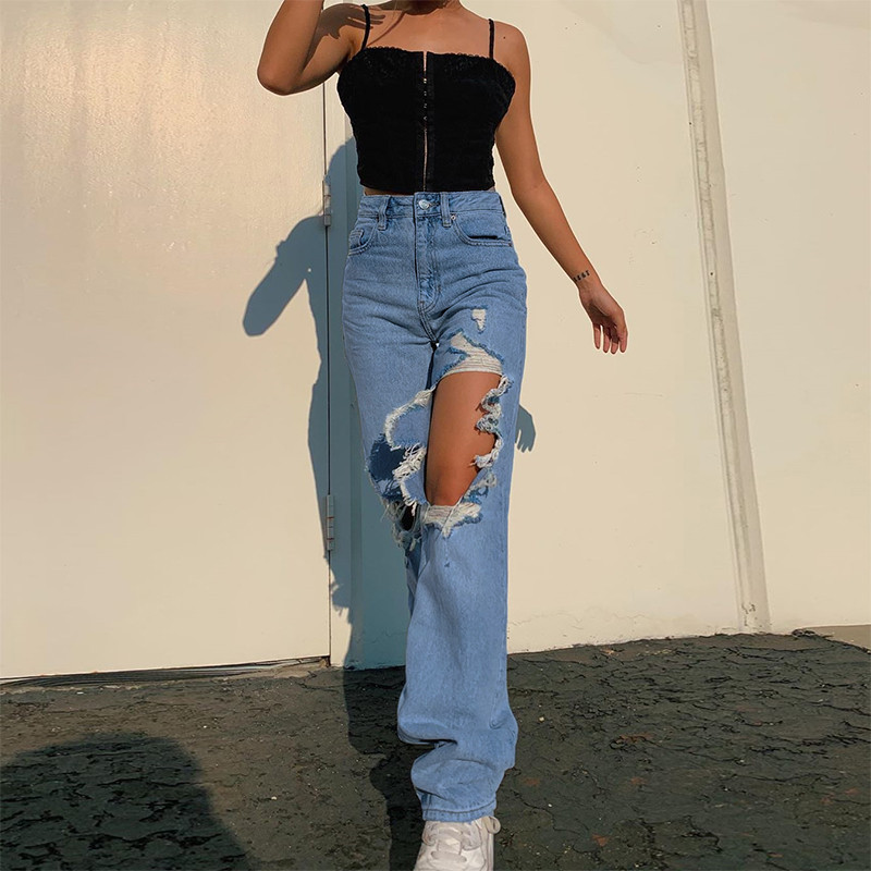 Female Ripped Jeans, High Waist Close-Fitting Pants Loose Pants for Women, Blue/Dark Blue, S/M/L
