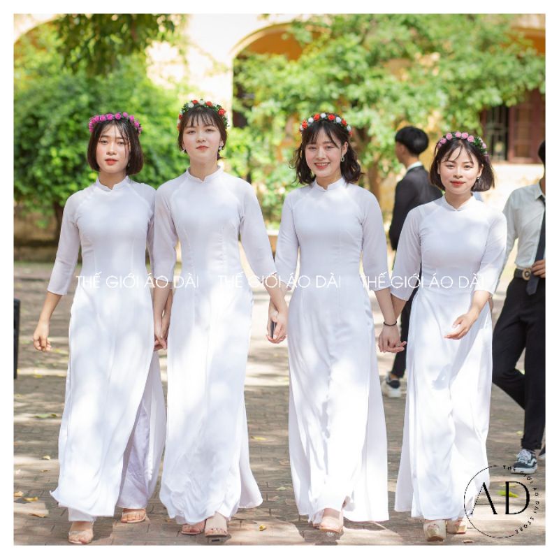 Áo dài trắng truyền thống nữ học sinh đi học cấp 3 thiết kế may sẵn 2 tà kiểu cổ cao 2cm chữ V giá rẻ vải lụa Tây Thi co giãn cao cấp mặc kỷ yếu chụp ảnh đẹp