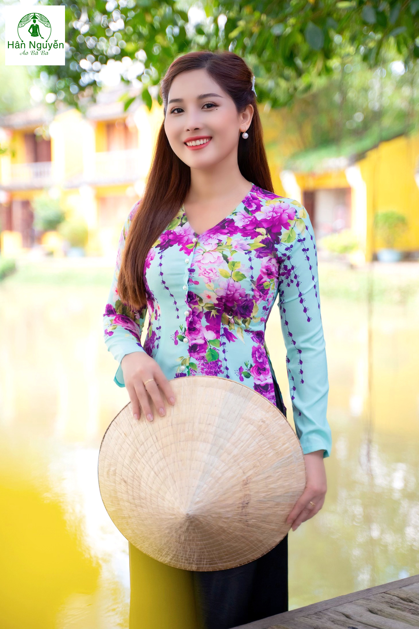 B.A48 - Áo Bà Ba Lụa In Bông Tím (áo lẻ)