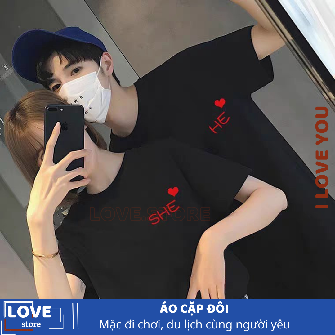 Áo đôi, áo cặp đôi tình yêu, áo cặp in TRÁI TIM SHE HE đỏ cute, áo cặp đôi người yêu, áo cặp bạn thân, áo thun form rộng tay lỡ, áo thun đôi