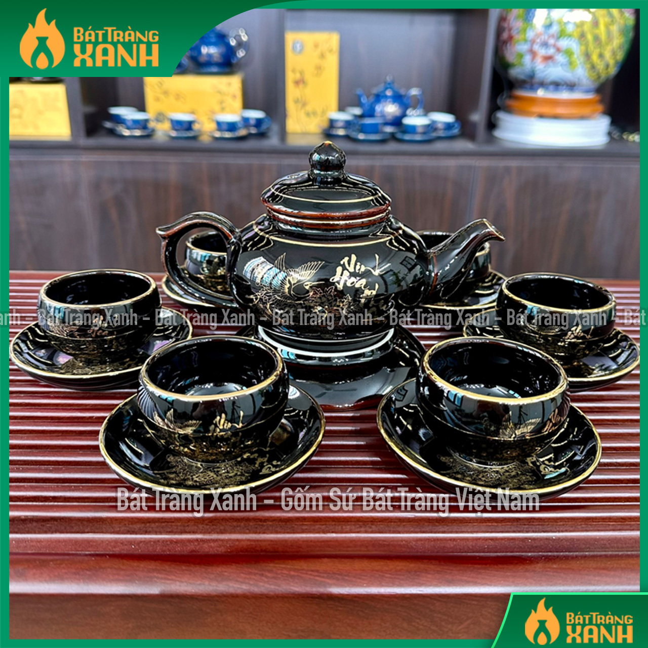 Bộ Ấm Chén Men Đen Bóng VInh Hoa Phú Quý - Bộ Ấm Trà Bát Tràng Đẳng Cấp