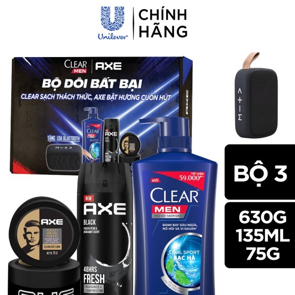 [ĐỘC QUYỀN] Tặng Loa Bluetooth mini - Bộ sản phẩm chăm sóc nam giới đến từ Clear Men và AXE ,gồm: 1 dầu gội sạch gàu nam Clear Men Cool Sport (630g),1 xịt nước hoa toàn thân AXE Black (135ml),1 sáp vuốt tóc AXE Pomade (75g) nhập khẩu