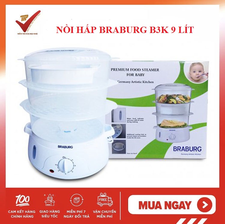 ( Chính Hãng Model 2022) Nồi hấp 3 tầng Braburg 9L B3K
