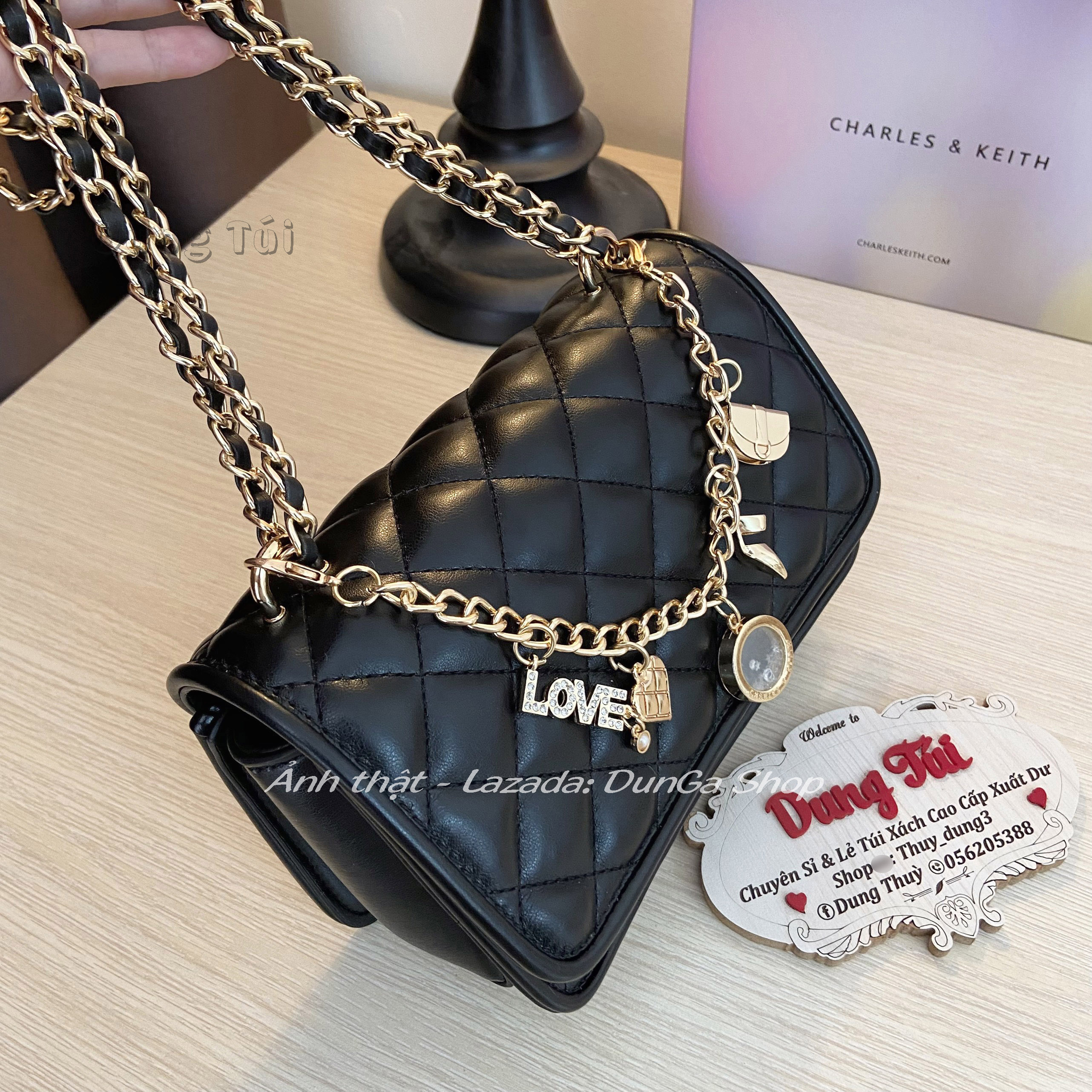 Túi nữ đeo vai + đeo chéo size 20 kèm phụ kiện dây charm có hộp full màu