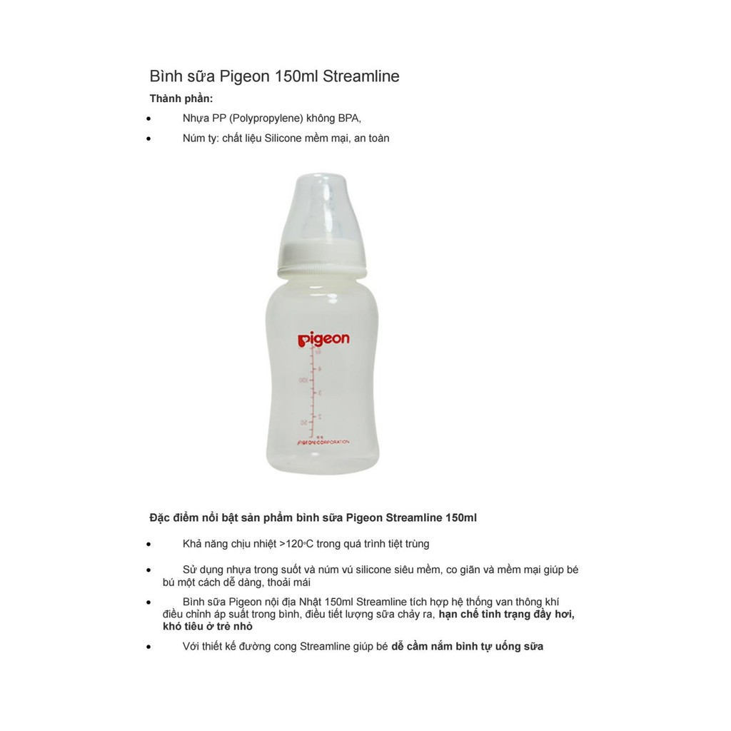 Bình sữa cổ hẹp PP STREAMLINE Pigeon 150ml - 250ml