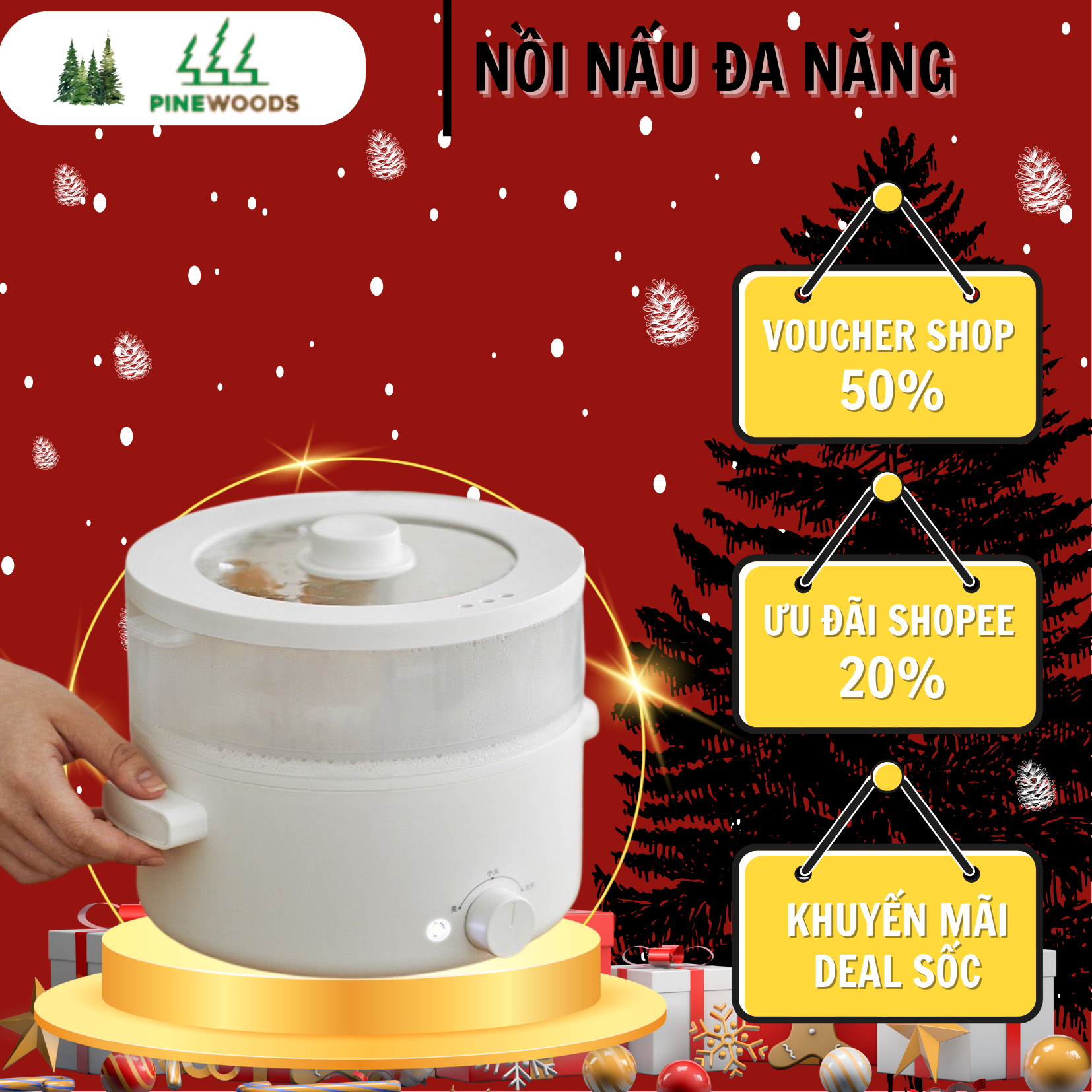 Nồi lẩu mini đa năng có hấp, nồi đa năng hấp, chiên, rán 2l 700w pinewoods chất lượng cao kèm khay hấp có bảo hành 12t