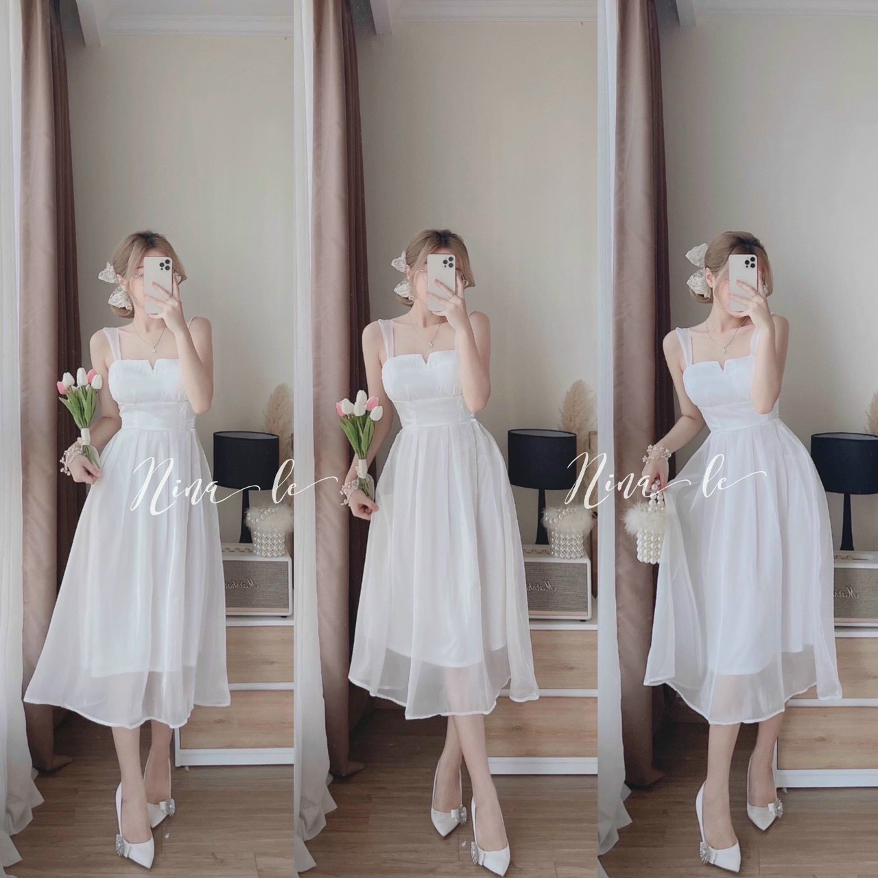 Đầm voan 2 lớp có may kèm mod ngực kiểu dáng tiểu thư.