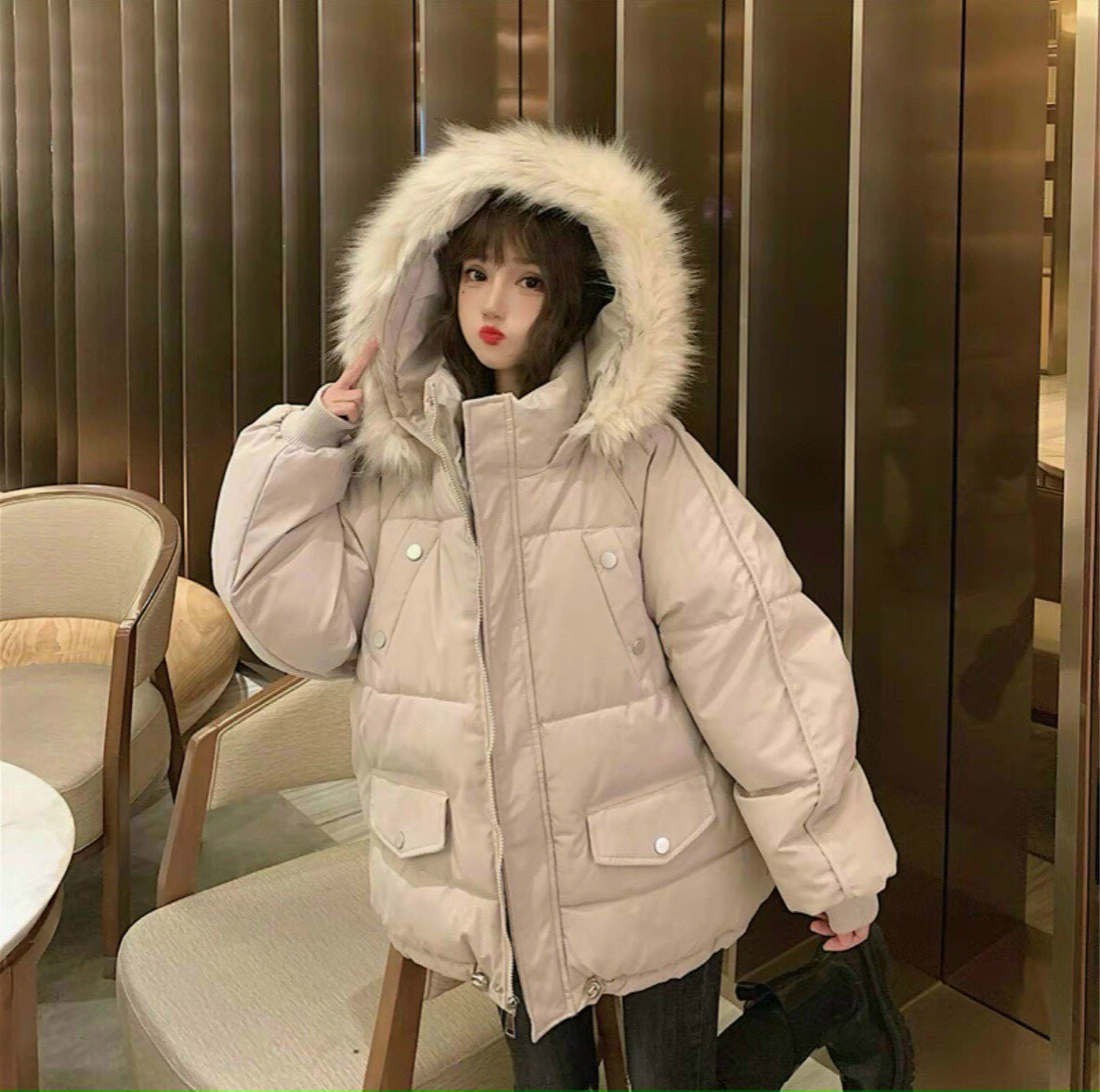 ( ẢNH THẬT) áo khoác phao nữ màu đen 3 LỚP mũ lông siêu ấm, thời trang HÀN QUỐC, AMELIA, áo khoác mùa đông, áo phao béo, áo phao nữ trần bông