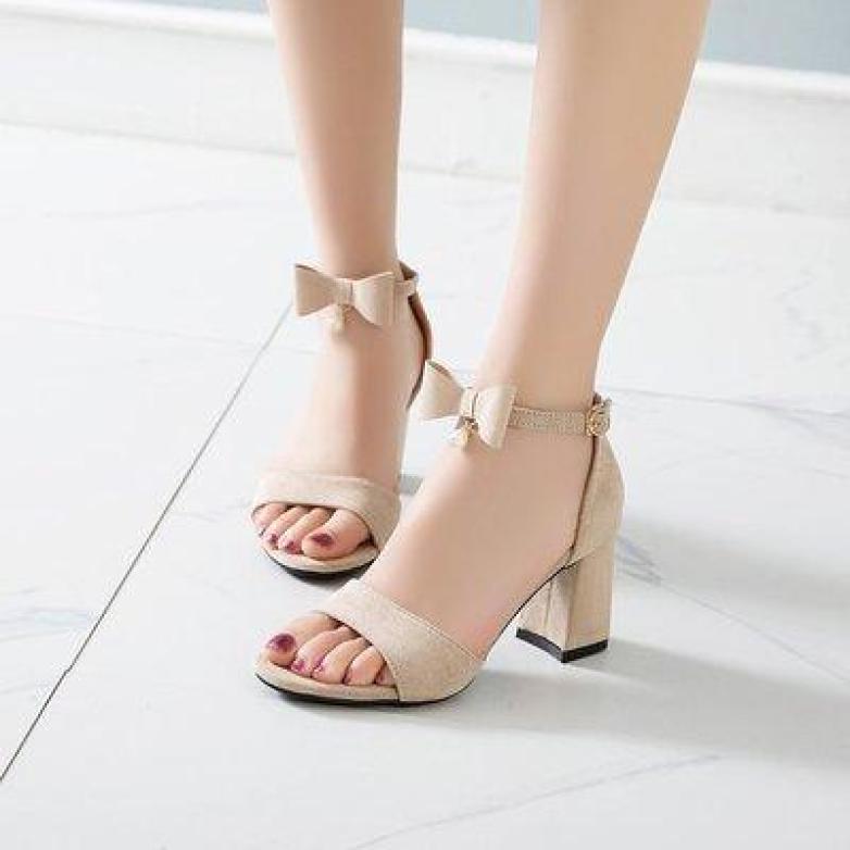 Giày cao gót vuông 7p hở mũi quai nơ 1 hạt châu giá rẻ