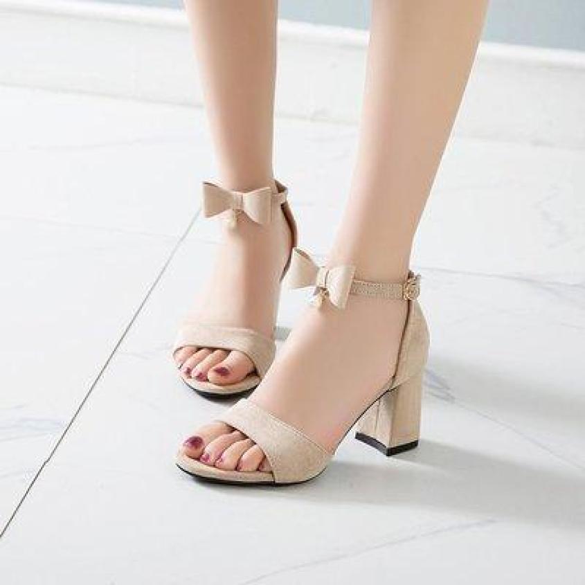 Giày cao gót vuông 7p hở mũi quai nơ 1 hạt châu điệu đà, duyên dáng, trẻ trung, thời trang giá rẻ