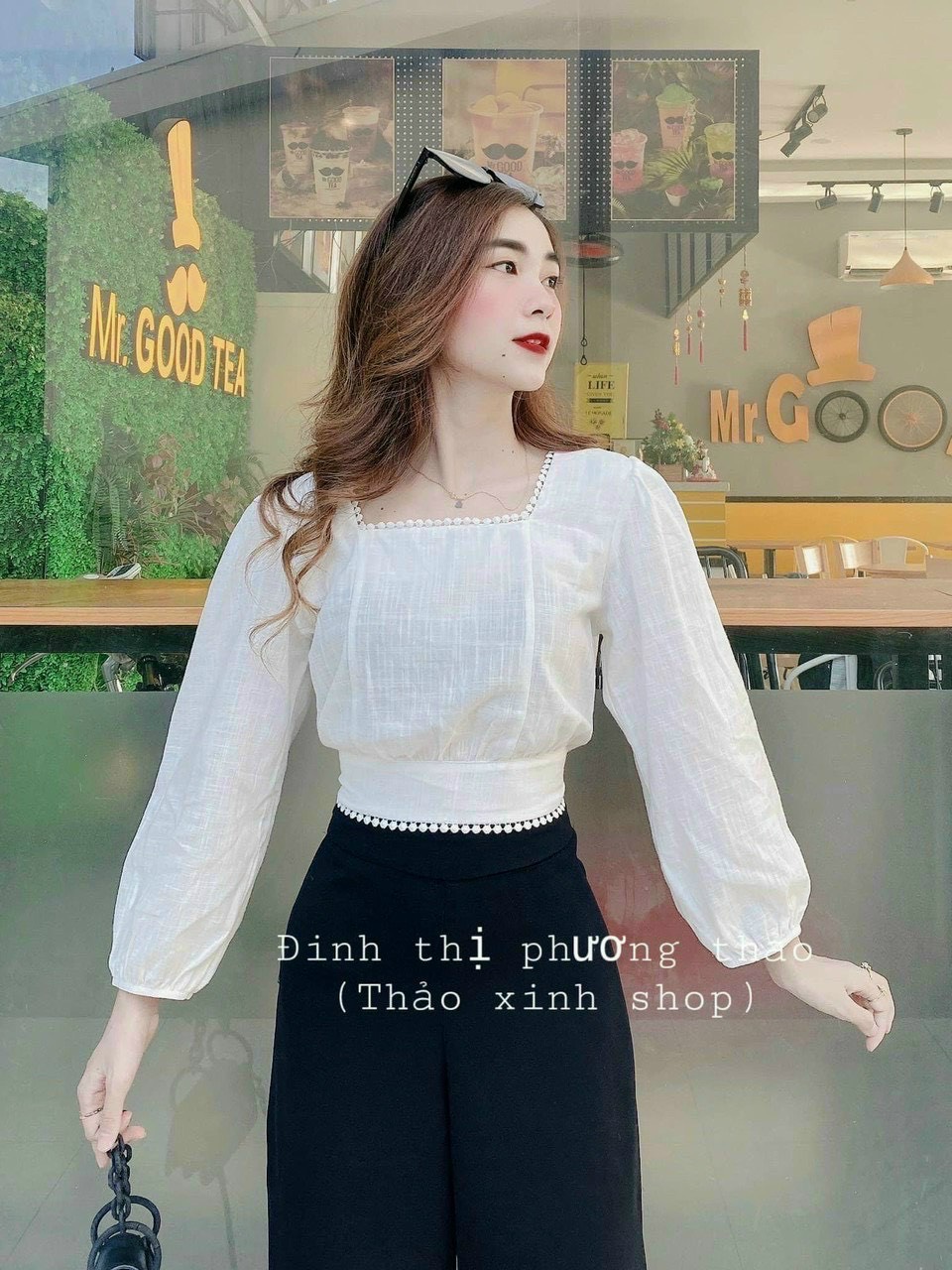 Áo voan cổ vuông phối ren kèm thắt nơ sau cực sang TTSLA0396