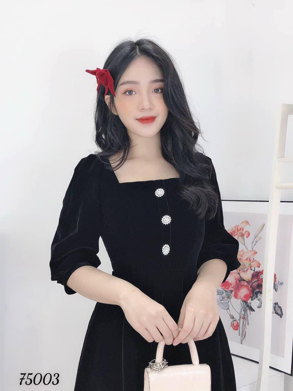Đầm xòe dự tiệc cổ vuông phối nút siêu xinh