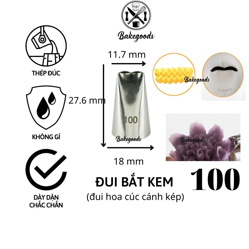 Đui bắt kem 100, Đuôi bắt kem, chui bắt kem trang trí bánh bằng thép không gỉ đúc liền khối dày dặn, cứng cáp